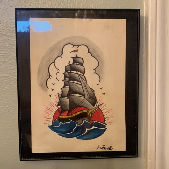 Tattoo Artwork Ship Sail Boat Art Design Original 10x6 1/2 - Picture 2 of 4